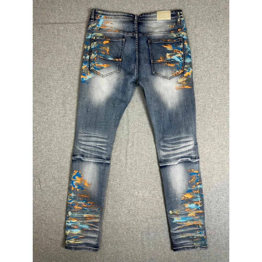 KDNK Men'KDNK Jean Mens 33x31 Distressed Ripped Paint Splatter Denim Design Blue